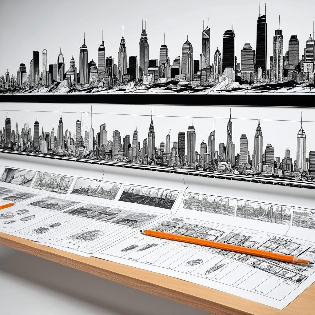 A visual timeline illustrating the evolution of content creation, depicting a progression from traditional hardcore design tools like drafting boards and pens to vibrant modern visual arts using computers and digital screens. Include elements like sketches, graphic tablets, color palettes, and famous visual artwork. Use a futuristic city skyline in the background to symbolize progress. super-realistic. vibrant colors. white background.
