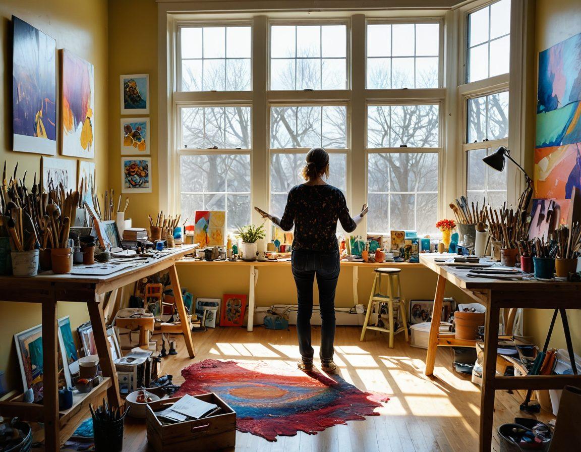 A vibrant and colorful creative studio filled with eclectic art supplies like paintbrushes, canvases, and sculpting materials. In the foreground, an artist is passionately working on an abstract painting, their expression reflecting deep imagination and inspiration. Bright sunlight streams through large windows, illuminating the studio and casting playful shadows. The walls are adorned with inspirational quotes and artworks from various styles. surrealistic art style. rich colors. dynamic composition.